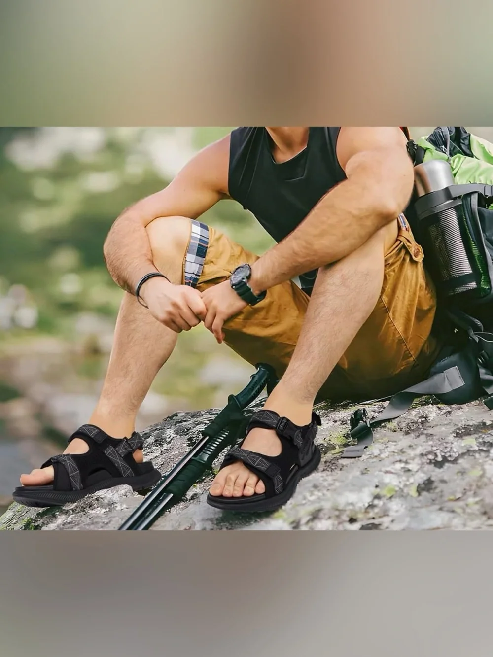 Men's Black Strapped Sport Sandal - Comfortable Everyday Grip
